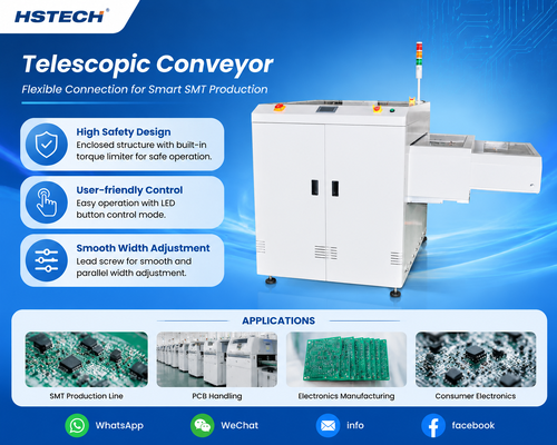 บล็อกบริษัทล่าสุดเกี่ยวกับ เครื่องขนส่ง PCB แบบโทรทรรศน์ HS-STC350 & HS-STC460 ใหม่ แก้ปัญหาการวางแผนสาย SMT และความปลอดภัย